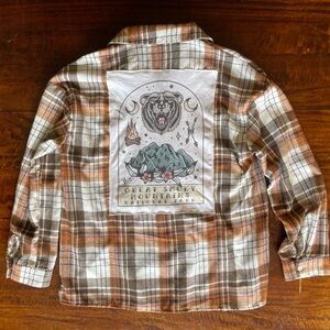 Upcycled Brown & White Plaid Button Down, Great Smoky Mountain Bear Back Patch